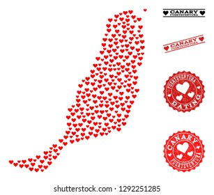 Collage map of Fuerteventura Island created with red love hearts, and grunge stamp seals for dating. Vector lovely geographic abstraction of map of Fuerteventura Island with red romantic symbols.