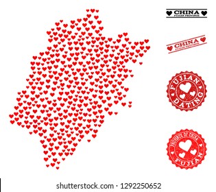 Collage map of Fujian Province created with red love hearts, and rubber watermarks for dating. Vector lovely geographic abstraction of map of Fujian Province with red romantic symbols.