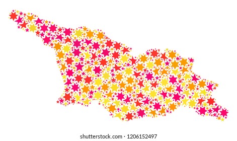 Collage map of Georgia country composed with colored flat stars. Vector colored geographic abstraction of map of Georgia country with red, yellow, orange stars.