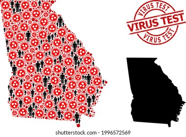 Collage map of Georgia State constructed from virus outbreak icons and men icons. Virus Test grunge badge. Black men icons and red viral icons. Virus Test text inside round stamp.
