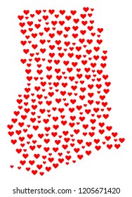 Collage map of Ghana formed with red love hearts. Vector lovely geographic abstraction of map of Ghana with red romantic symbols. Romantic design for wedding posters.