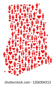 Collage map of Ghana formed with red lovely persons. Vector lovely geographic abstraction of map of Ghana with red romantic symbols. Romantic flat design for dating illustrations.