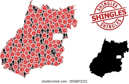 Collage Karte des Goias-Staates, bestehend aus Coronavirus-Elemente und Männer-Elemente. Gürtelstempel. Schwarze Männer Elemente und rote Särgen Virusartikel. Die Nachricht wird in einem runden Siegel verhüllt.