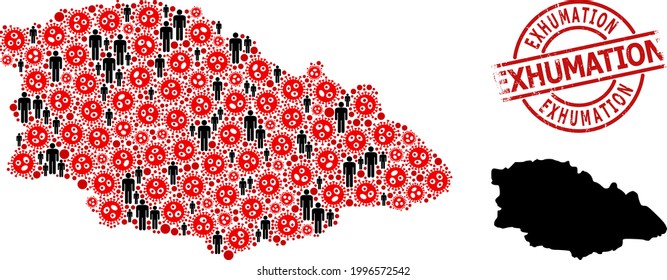 Collage map of Gozo Island designed from sars virus elements and men icons. Exhumation distress seal. Black crowd icons and red sars virus elements. Exhumation title inside round stamp.