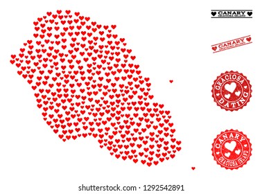 Collage map of Graciosa Island composed with red love hearts, and rubber watermarks for Valentines day. Vector lovely geographic abstraction of map of Graciosa Island with red romantic symbols.