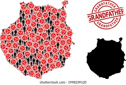 Collage map of Gran Canaria composed of sars virus items and population elements. Grandfather textured seal stamp. Black man icons and red SARS virus elements.