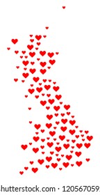 Collage map of Great Britain formed with red love hearts. Vector lovely geographic abstraction of map of Great Britain with red romantic symbols. Romantic design for dating projects.