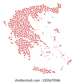 Collage map of Greece created with red love hearts. Vector lovely geographic abstraction of map of Greece with red romantic symbols. Romantic design for political illustrations.
