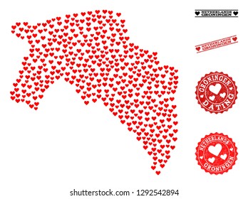 Collage map of Groningen Province formed with red love hearts, and grunge stamp seals for Valentines day. Vector lovely geographic abstraction of map of Groningen Province with red dating symbols.