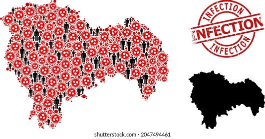 Collage map of Guadalajara Province constructed from virus outbreak elements and humans items. Infection distress seal stamp. Black people items and red flu virus items.