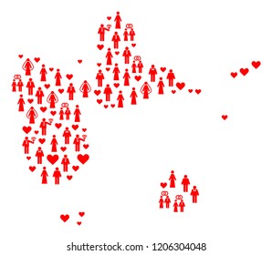 Collage map of Guadeloupe designed with red lovely men. Vector lovely geographic abstraction of map of Guadeloupe with red romantic symbols. Romantic flat design for wedding applications.