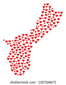 Collage map of Guam Island created with red love hearts. Vector lovely geographic abstraction of map of Guam Island with red romantic symbols. Romantic design for relations projects.