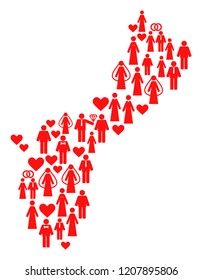 Collage map of Guam Island created with red lovely persons. Vector lovely geographic abstraction of map of Guam Island with red romantic symbols. Romantic flat design for wedding illustrations.