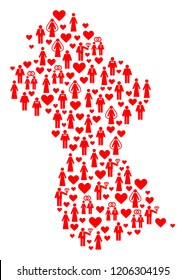 Collage map of Guyana created with red marriage men and women. Vector lovely geographic abstraction of map of Guyana with red marriage symbols. Romantic flat design for marriage purposes.