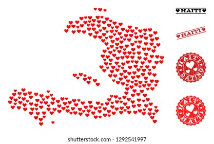 Collage map of Haiti created with red love hearts, and grunge watermarks for Valentines day. Vector lovely geographic abstraction of map of Haiti with red romantic symbols.
