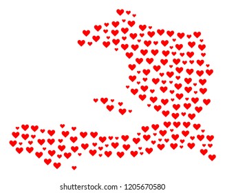 Collage map of Haiti designed with red love hearts. Vector lovely geographic abstraction of map of Haiti with red romantic symbols. Romantic design for wedding applications.