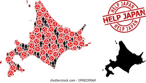 Collage Karte von Hokkaido Island, konstruiert aus Sars-Virus-Artikeln und Populationssymbole. Hilf Japan beim Abkratzen des Siegels. Schwarze Menschen Symbole und rote Sterne Virus-Symbole. Hilf Japan beim Titel in einem runden Wasserzeichen.