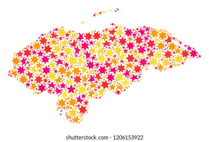 Collage map of Honduras created with colored flat stars. Vector colored geographic abstraction of map of Honduras with red, yellow, orange stars. Festive design for Christmas illustrations.