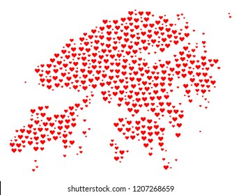 Collage map of Hong Kong created with red love hearts. Vector lovely geographic abstraction of map of Hong Kong with red romantic symbols. Romantic design for patriotic posters.