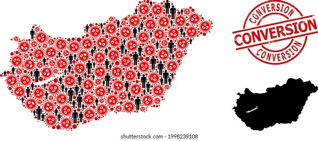 Mapa de los colegios de Hungría unidos de objetos del virus SARS y objetos masculinos. Sello de retenes rayado de conversión. Iconos de la multitud negra e íconos del virus de la gripe roja. Fragmento de conversión dentro del sello de sello de retenes redondos.