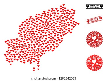 Collage map of Ibiza Island designed with red love hearts, and grunge stamp seals for dating. Vector lovely geographic abstraction of map of Ibiza Island with red romantic symbols.