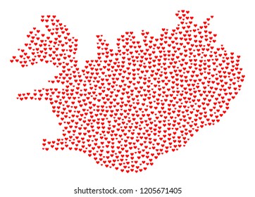 Collage map of Iceland composed with red love hearts. Vector lovely geographic abstraction of map of Iceland with red romantic symbols. Romantic design for dating projects.