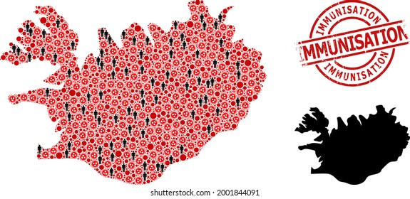 Mapa de las colonias de Islandia organizado a partir de elementos de infección cóvidos e íconos de la población. Sello de foca rayado de inmunización. Iconos del hombre negro e íconos del coronavirus rojo.