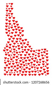 Collage map of Idaho State designed with red love hearts. Vector lovely geographic abstraction of map of Idaho State with red romantic symbols. Romantic design for patriotic projects.