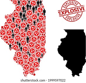 Collage Karte des Illinois-Staates aus Grippevirus-Symbolen und demographischen Elementen organisiert. Explosiver Grunge-Siegel. Schwarze Gegenstände und rote Virusartikel. Explosiver Text in rundem Siegel.