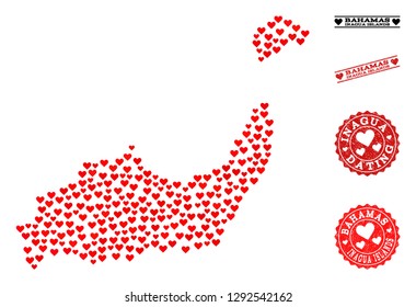 Collage map of Inagua Islands designed with red love hearts, and rubber watermarks for dating. Vector lovely geographic abstraction of map of Inagua Islands with red romantic symbols.