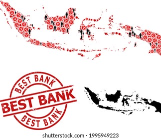 Collage map of Indonesia constructed from viral icons and humans icons. Best Bank textured seal stamp. Black person symbols and red coronavirus items. Best Bank title is inside round seal stamp.