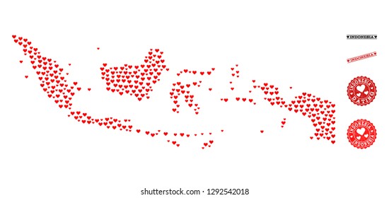 Collage map of Indonesia created with red love hearts, and rubber watermarks for dating. Vector lovely geographic abstraction of map of Indonesia with red romantic symbols.