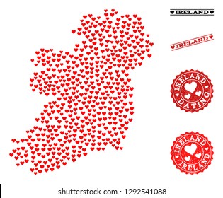 Collage map of Ireland Island created with red love hearts, and grunge stamp seals for Valentines day. Vector lovely geographic abstraction of map of Ireland Island with red valentine symbols.