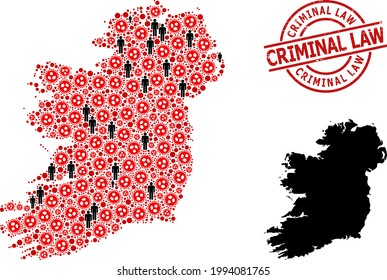 Mapa de collage de la Isla de Irlanda organizado a partir de elementos de brotes de virus y de hombres. El Código Penal texturaba la foca. Los símbolos de los hombres negros y los elementos del virus de la covida roja. Título de derecho penal dentro del sello redondo.