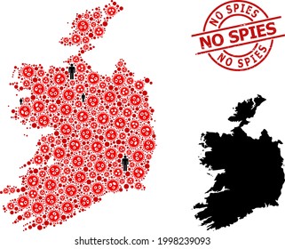 Collage map of Ireland Republic designed from virus icons and humans icons. No Spies scratched seal stamp. Black man items and red flu virus items. No Spies text is inside round stamp.
