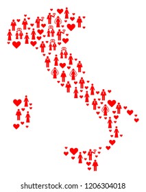 Collage map of Italy composed with red lovely men and women. Vector lovely geographic abstraction of map of Italy with red romantic symbols. Romantic flat design for patriotic projects.