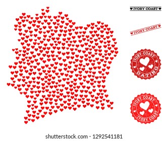 Collage map of Ivory Coast created with red love hearts, and rubber watermarks for Valentines day. Vector lovely geographic abstraction of map of Ivory Coast with red romantic symbols.