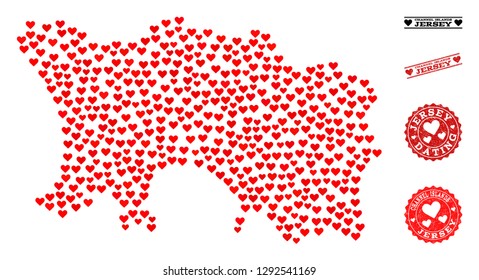 Collage map of Jersey Island composed with red love hearts, and rubber stamp seals for dating. Vector lovely geographic abstraction of map of Jersey Island with red romantic symbols.