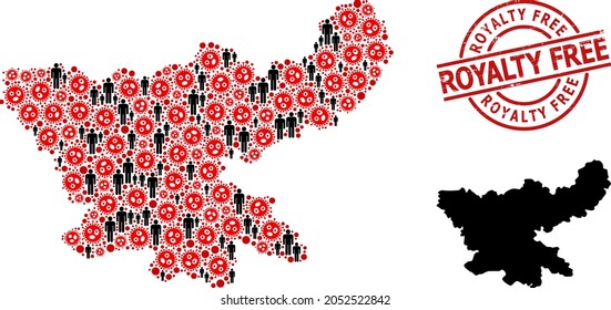 Collage Map Of Jharkhand State Organized From Covid Elements And Men Icons. Royalty Free Distress Seal. Black People Elements And Red Covid-2019 Icons. Royalty Free Caption Is Inside Round Seal Stamp.