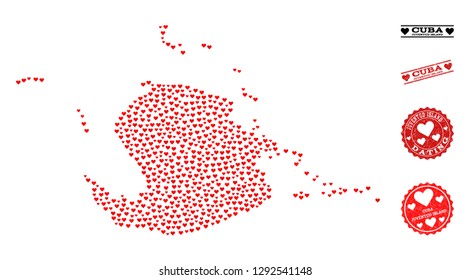 Collage map of Juventud Island designed with red love hearts, and grunge stamp seals for dating. Vector lovely geographic abstraction of map of Juventud Island with red romantic symbols.