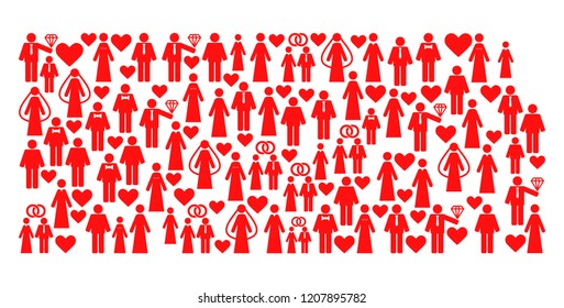 Collage map of Kansas State created with red wedding people. Vector lovely geographic abstraction of map of Kansas State with red wedding symbols. Romantic flat design for wedding applications.