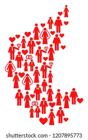 Collage map of Karnataka State created with red marriage men and women. Vector lovely geographic abstraction of map of Karnataka State with red romantic symbols.