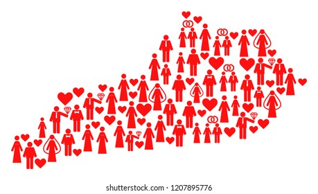 Collage map of Kentucky State formed with red lovely men. Vector lovely geographic abstraction of map of Kentucky State with red romantic symbols. Romantic flat design for patriotic illustrations.