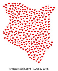 Collage map of Kenya created with red love hearts. Vector lovely geographic abstraction of map of Kenya with red romantic symbols. Romantic design for dating posters.