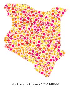 Collage map of Kenya formed with colored flat stars. Vector colored geographic abstraction of map of Kenya with red, yellow, orange stars. Festive design for New Year illustrations.