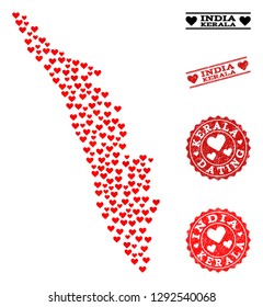 Collage map of Kerala State designed with red love hearts, and rubber stamp seals for dating. Vector lovely geographic abstraction of map of Kerala State with red dating symbols.