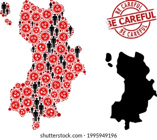 Collage Karte von Ko Tao organisiert aus covid Virus Elemente und Menschen Elemente. Seien Sie vorsichtig gekratzte Robbenmarke. Schwarze Crowd-Symbole und rote Grippe-Virus-Symbole. Achten Sie darauf, dass die Bildunterschrift in der Runddichtung ist.