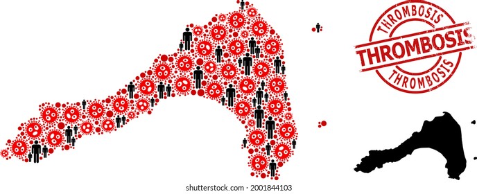 Collage map of Koh Lipe organized from virus outbreak icons and demographics icons. Thrombosis textured seal stamp. Black people icons and red sars virus icons. Thrombosis title inside round seal.