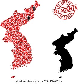 Collage map of Korea organized from covid virus elements and people items. No Agents grunge seal. Black person items and red covid infection items. No Agents text inside round seal.