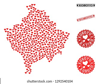 Collage map of Kosovo created with red love hearts, and grunge watermarks for Valentines day. Vector lovely geographic abstraction of map of Kosovo with red romantic symbols.